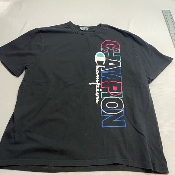 Champion VTG 90s Neon Embroidered Logo Black T-Shirt Size 2X - Picture 1 of 7